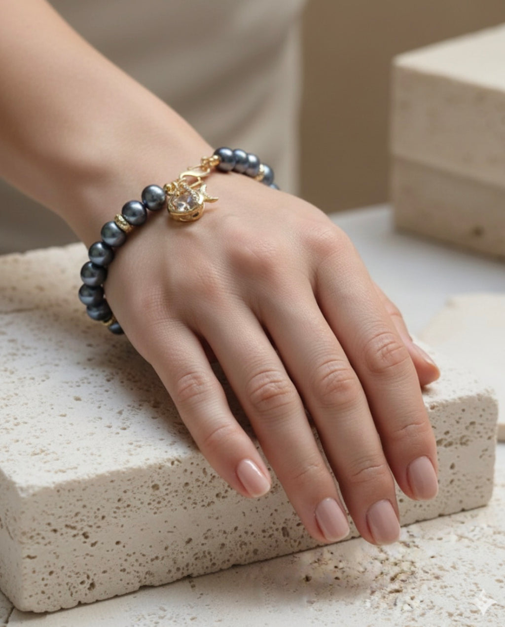 Natural Pearl Bracelet with Fish Charm and Zirconia Accents, 14k Gold Plated Finishings