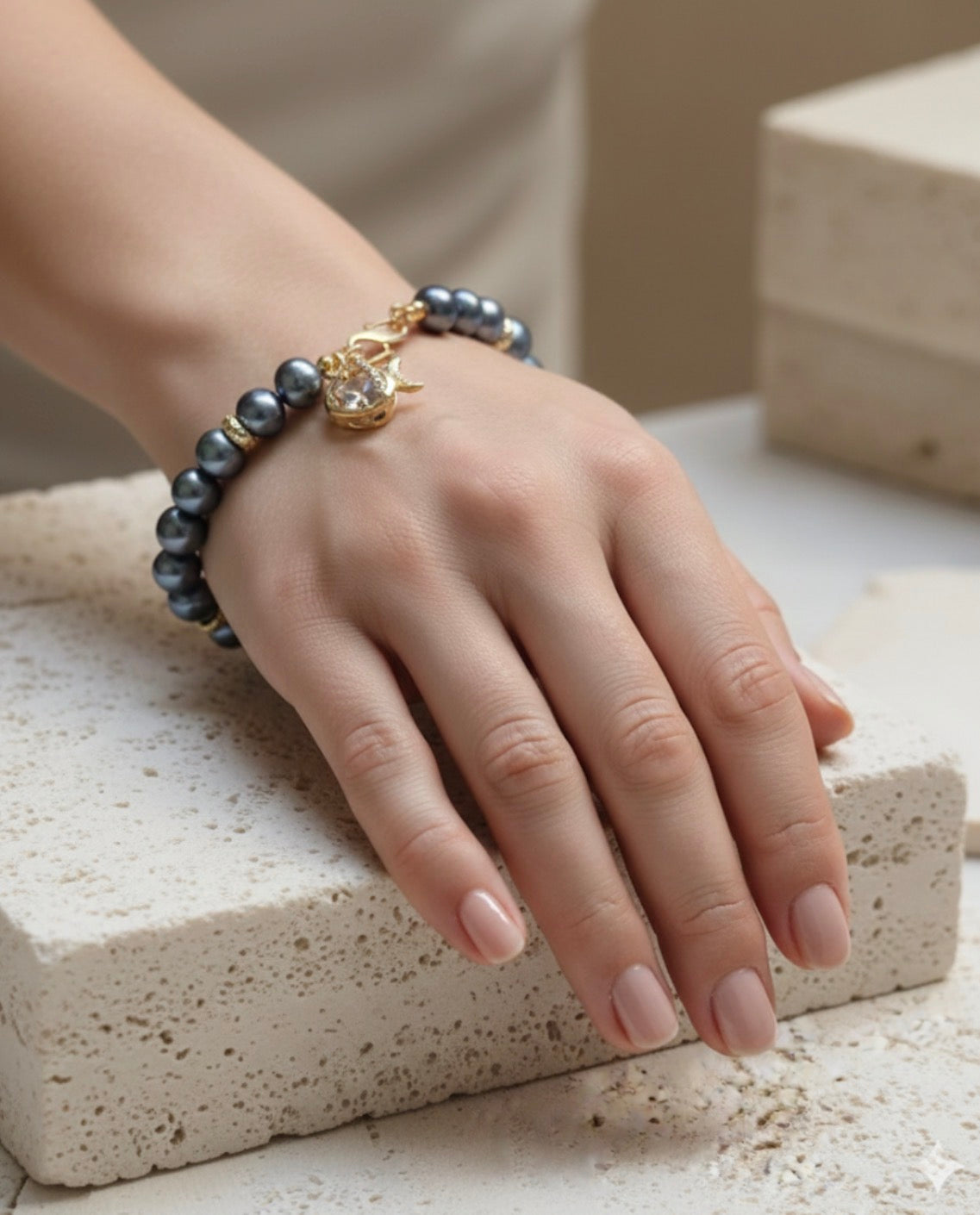 Natural Pearl Bracelet with Fish Charm and Zirconia Accents, 14k Gold Plated Finishings