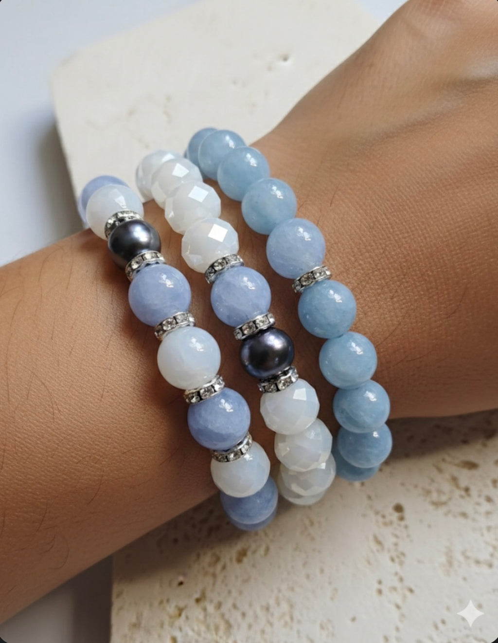 Set of Natural Aquamarine & Pearl Stretch Bracelets with 14k Plated Finishin
