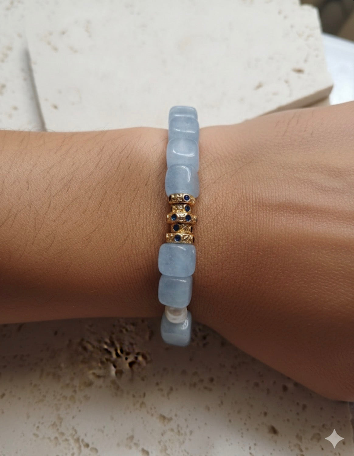 Natural Aquamarine Cube & Pearl Bracelet with 14k Gold Plated Finishings