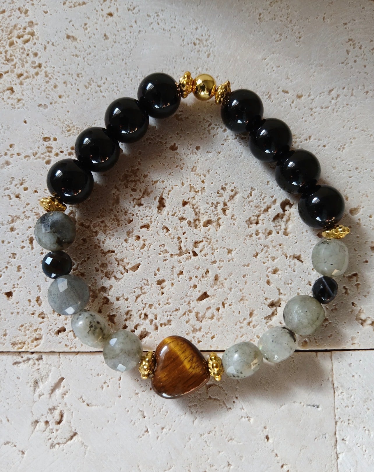 Labradorite and Malachite Bracelet with Tiger's Eye Heart Charm