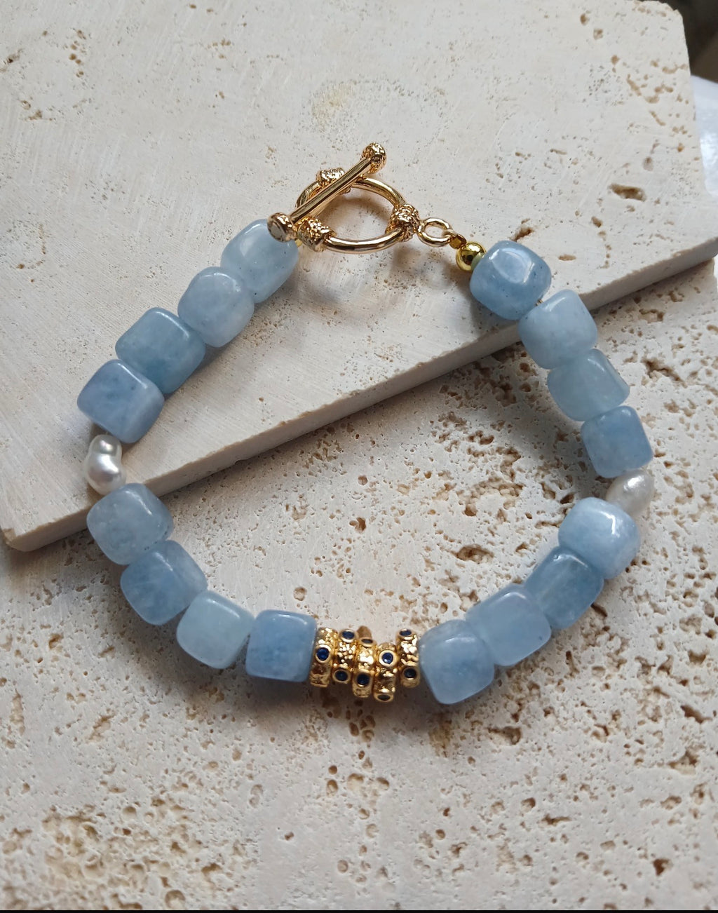 Natural Aquamarine Cube & Pearl Bracelet with 14k Gold Plated Finishings