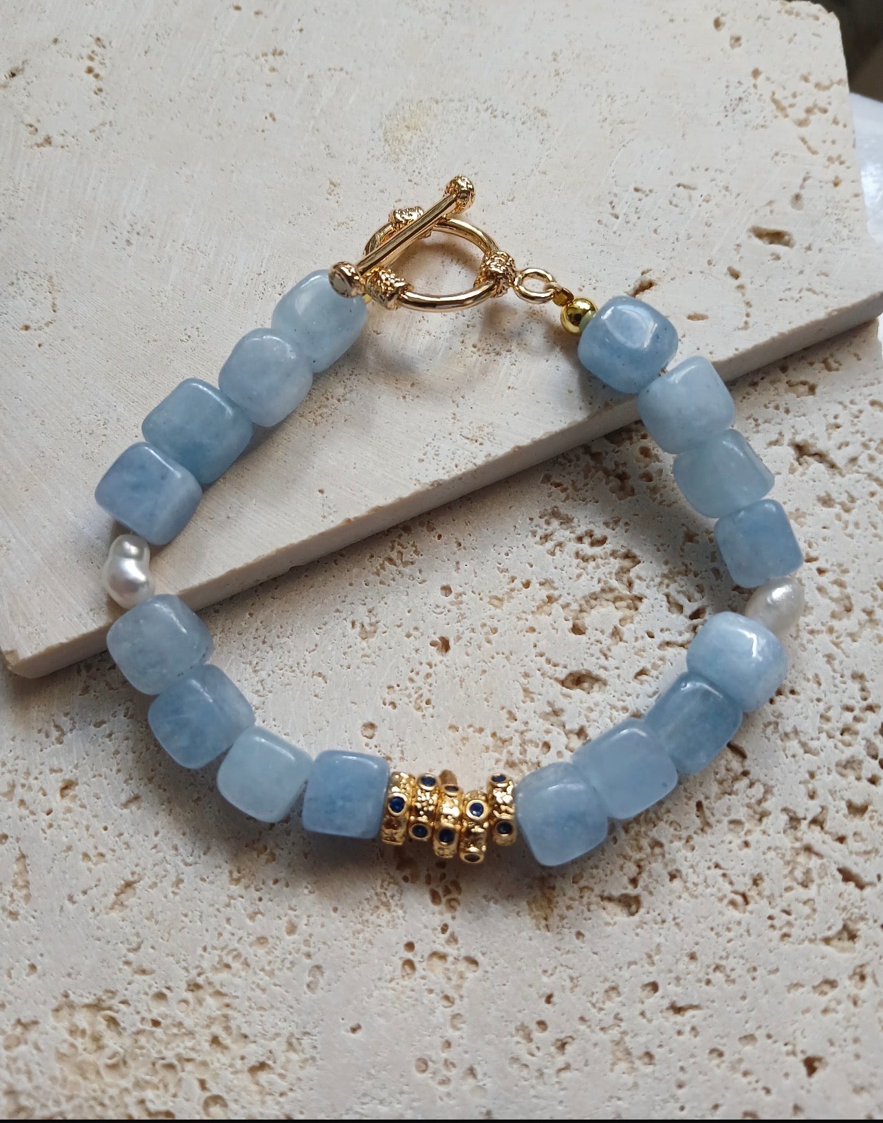 Natural Aquamarine Cube & Pearl Bracelet with 14k Gold Plated Finishings