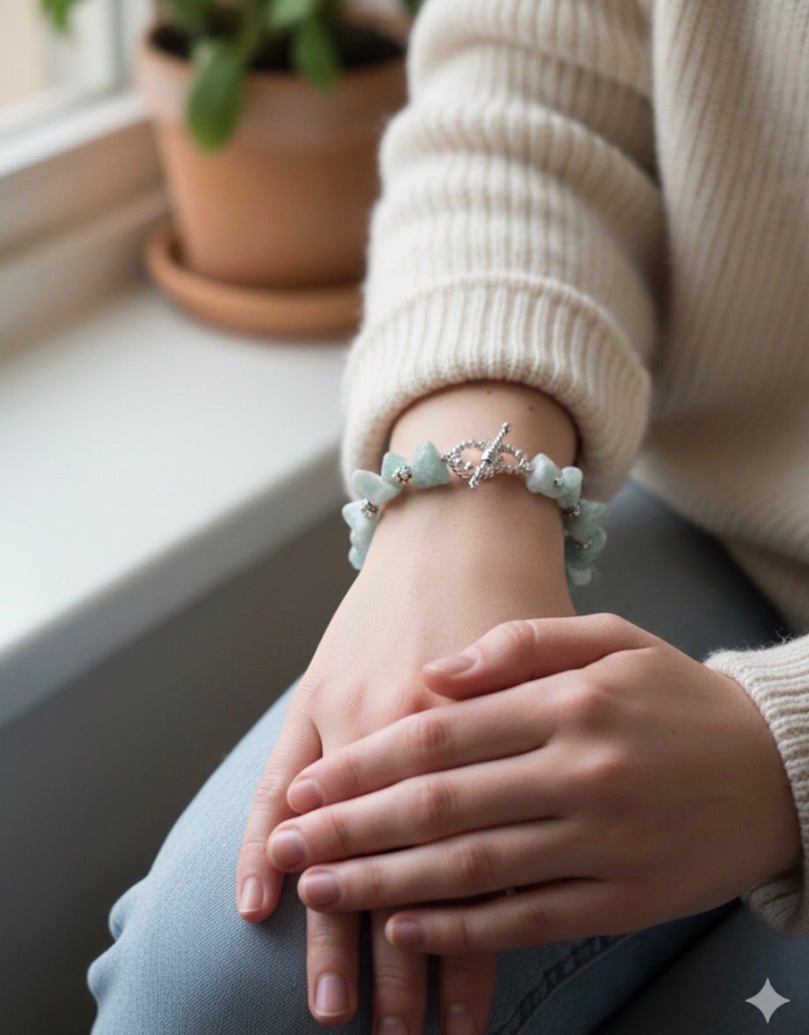 Natural Aventurine Stone Bracelet with Antique Silver Details