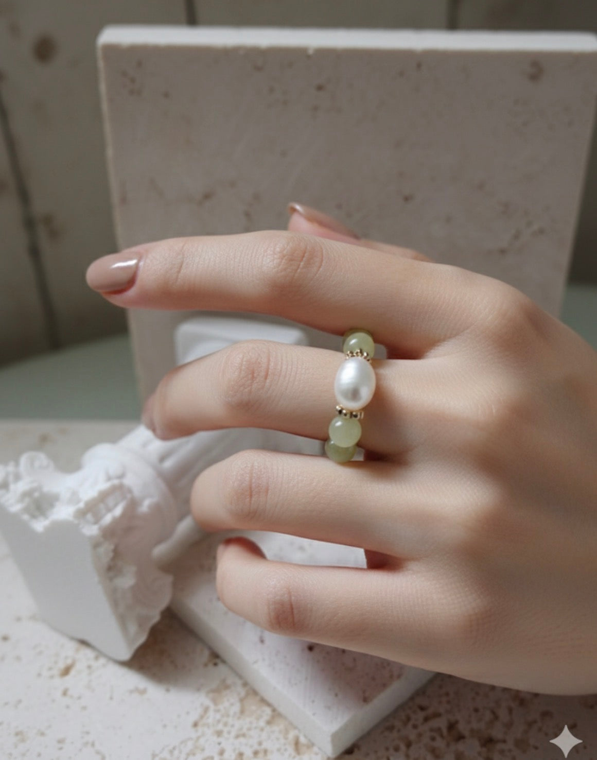 Elastic Natural Jade and Pearl Rin