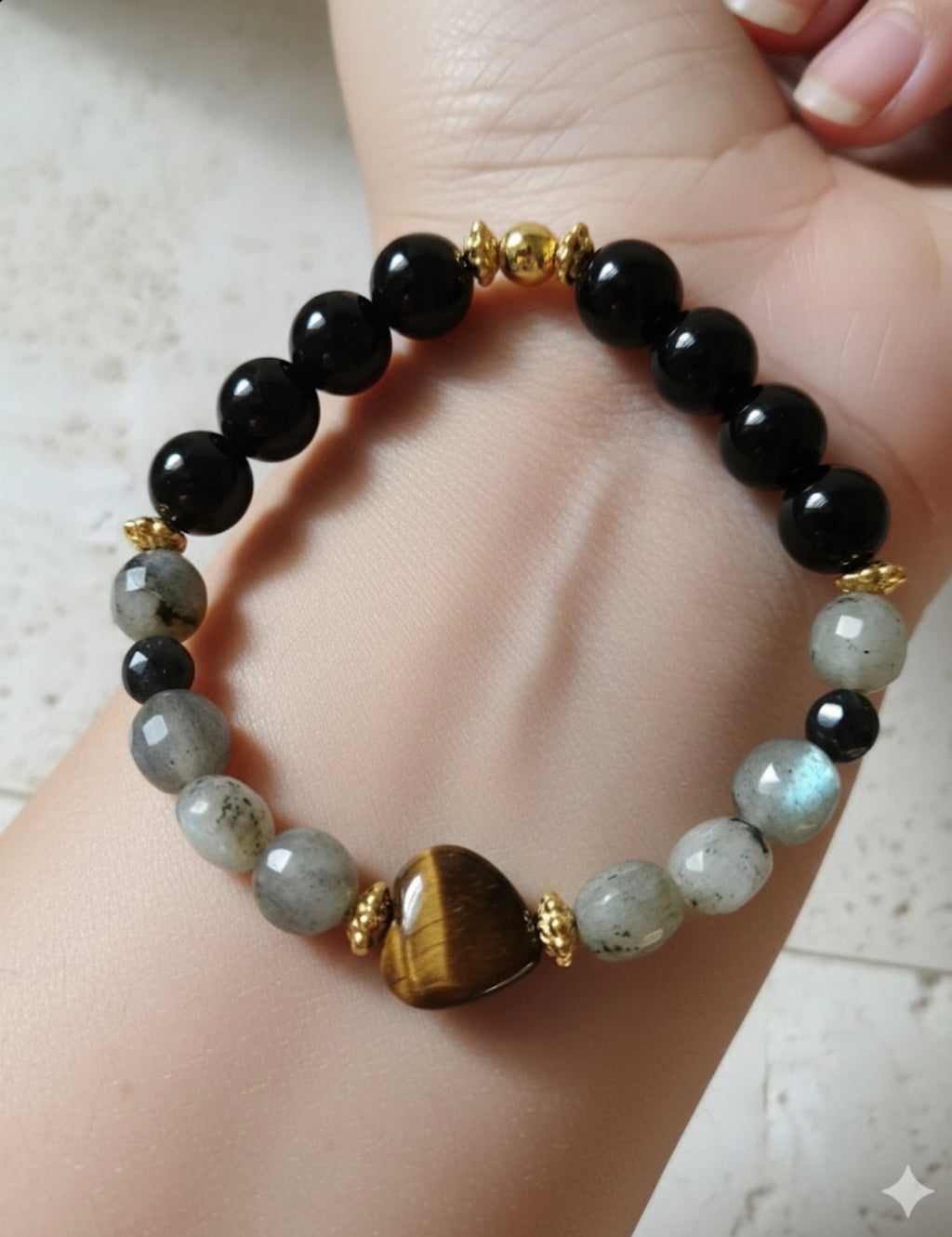 Labradorite and Malachite Bracelet with Tiger's Eye Heart Charm