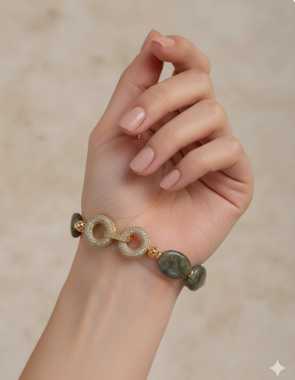 Beautiful Natural Labradorite Stone Bracelet with 14k Clasp and Zirconia Inlay