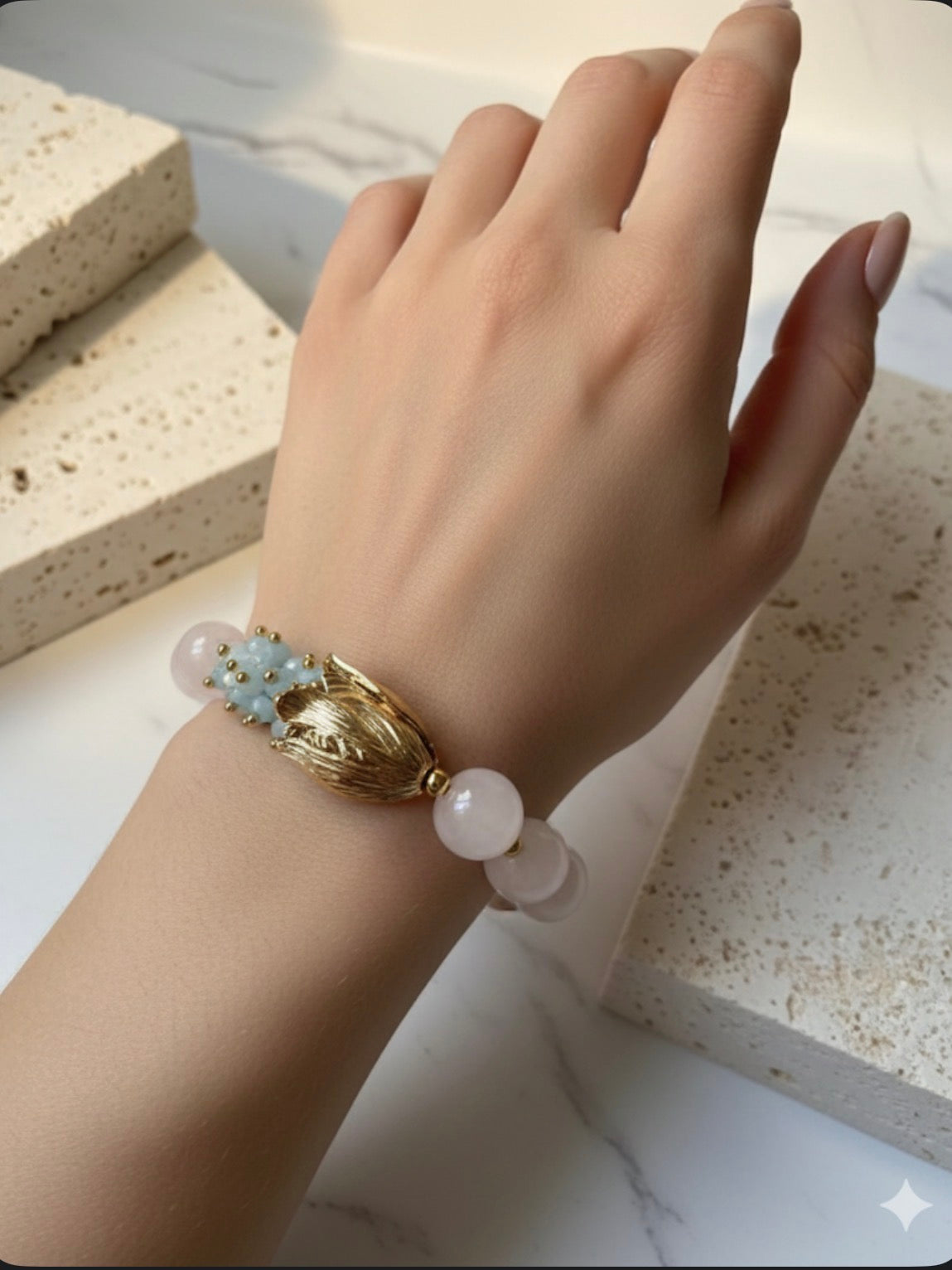 Rose Quartz Bracelet with a Beautiful Flower Accent, Faceted Aquamarine Beads
