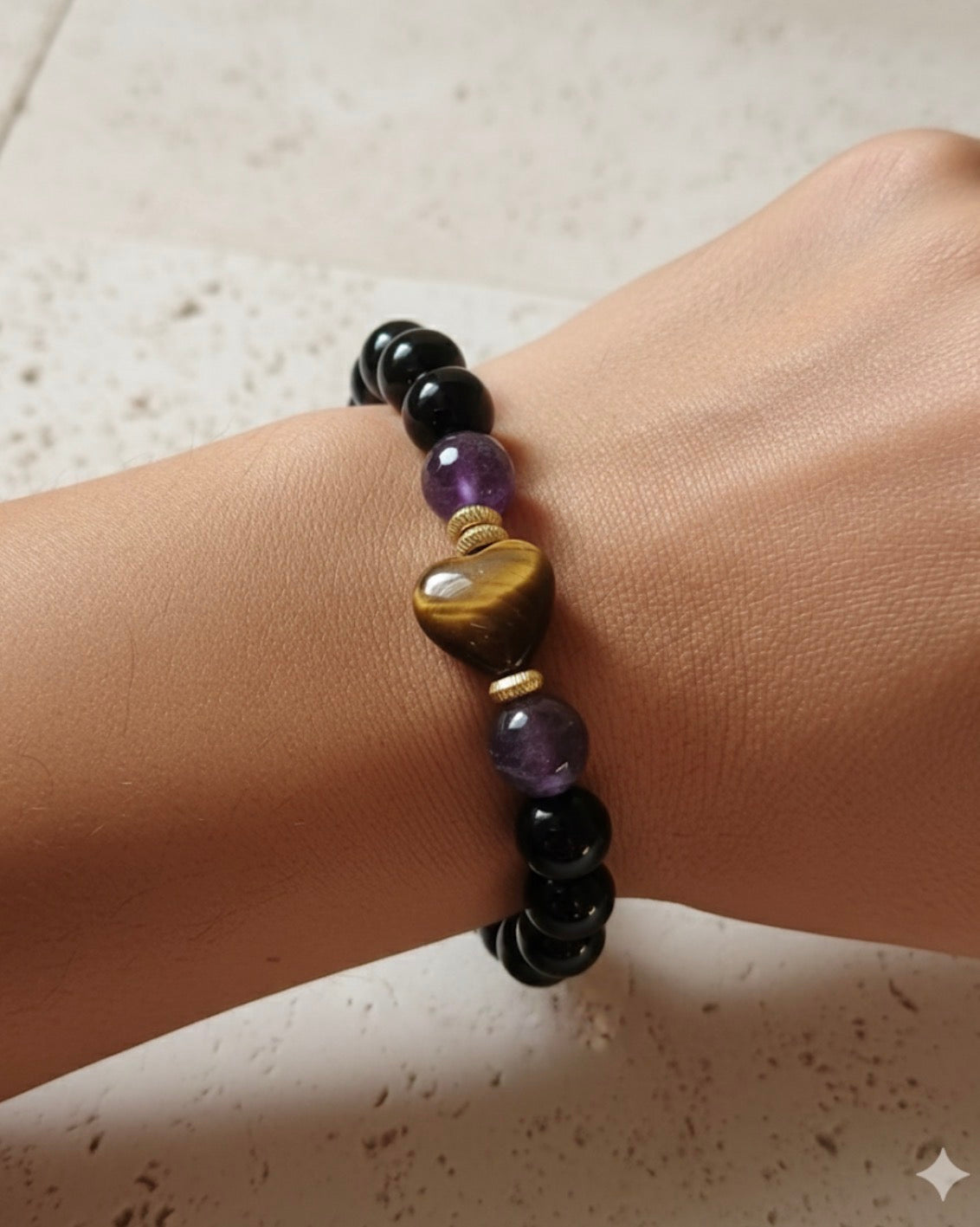 Stretchy Bracelet with Mixed Natural Stones and Gold-Tone Finishing