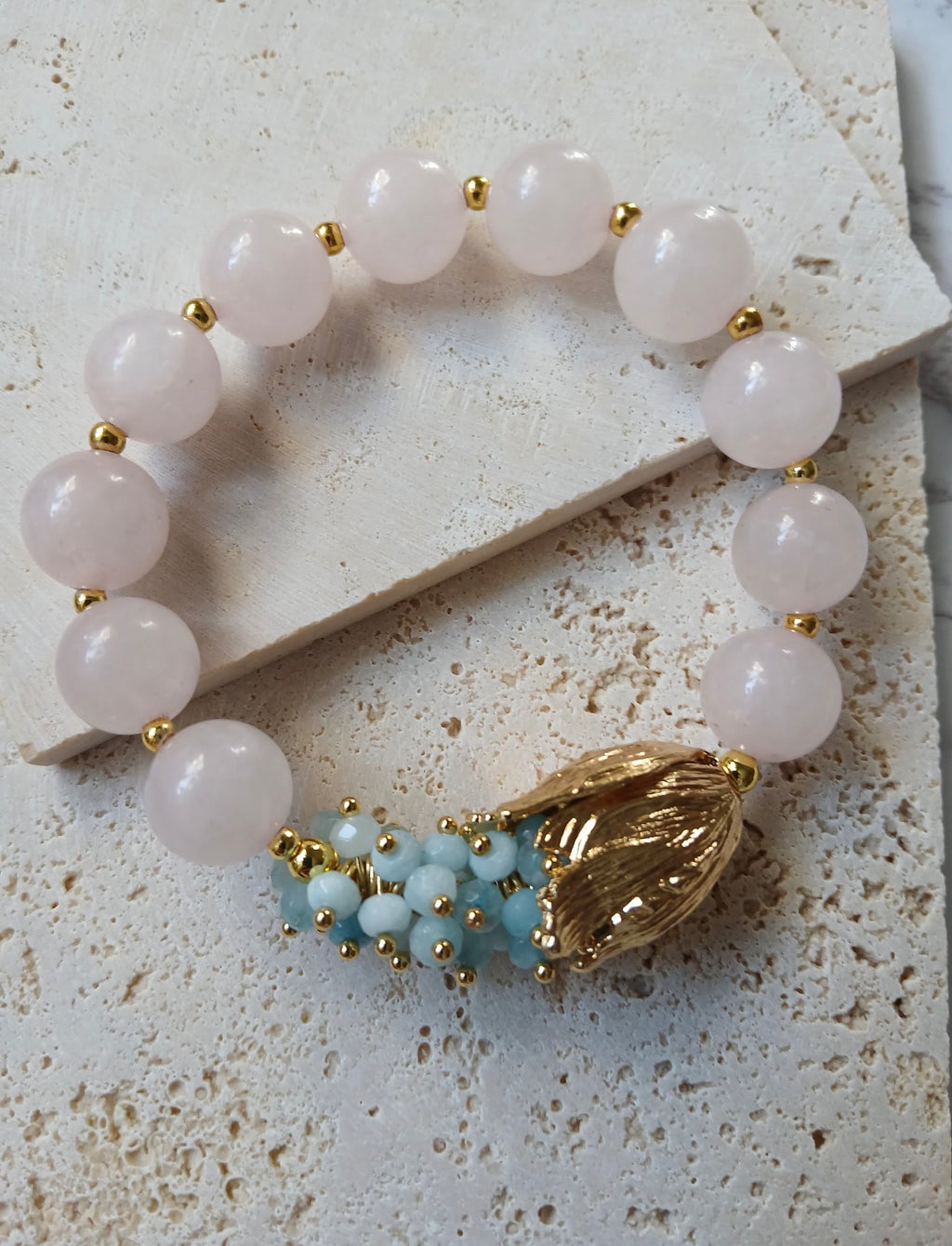 Rose Quartz Bracelet with a Beautiful Flower Accent, Faceted Aquamarine Beads