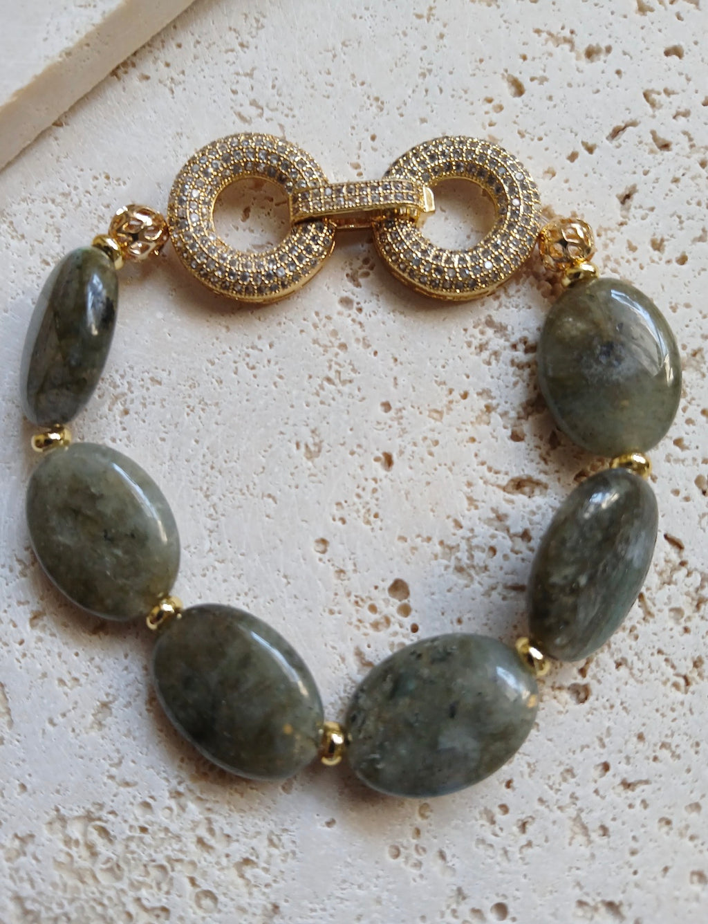 Beautiful Natural Labradorite Stone Bracelet with 14k Clasp and Zirconia Inlay