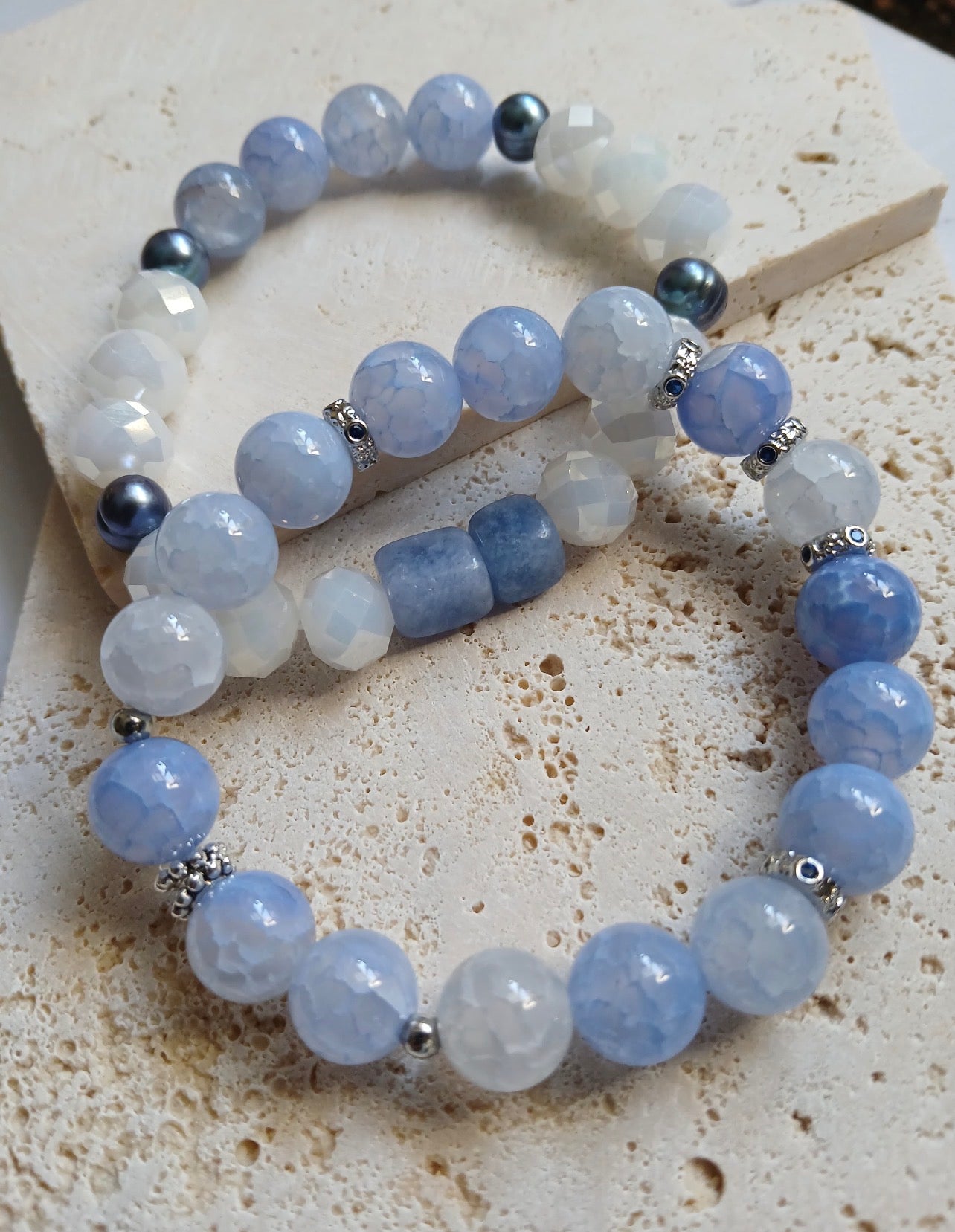 Set of Natural Aquamarine & Pearl Stretch Bracelets with 14k Plated Finishin