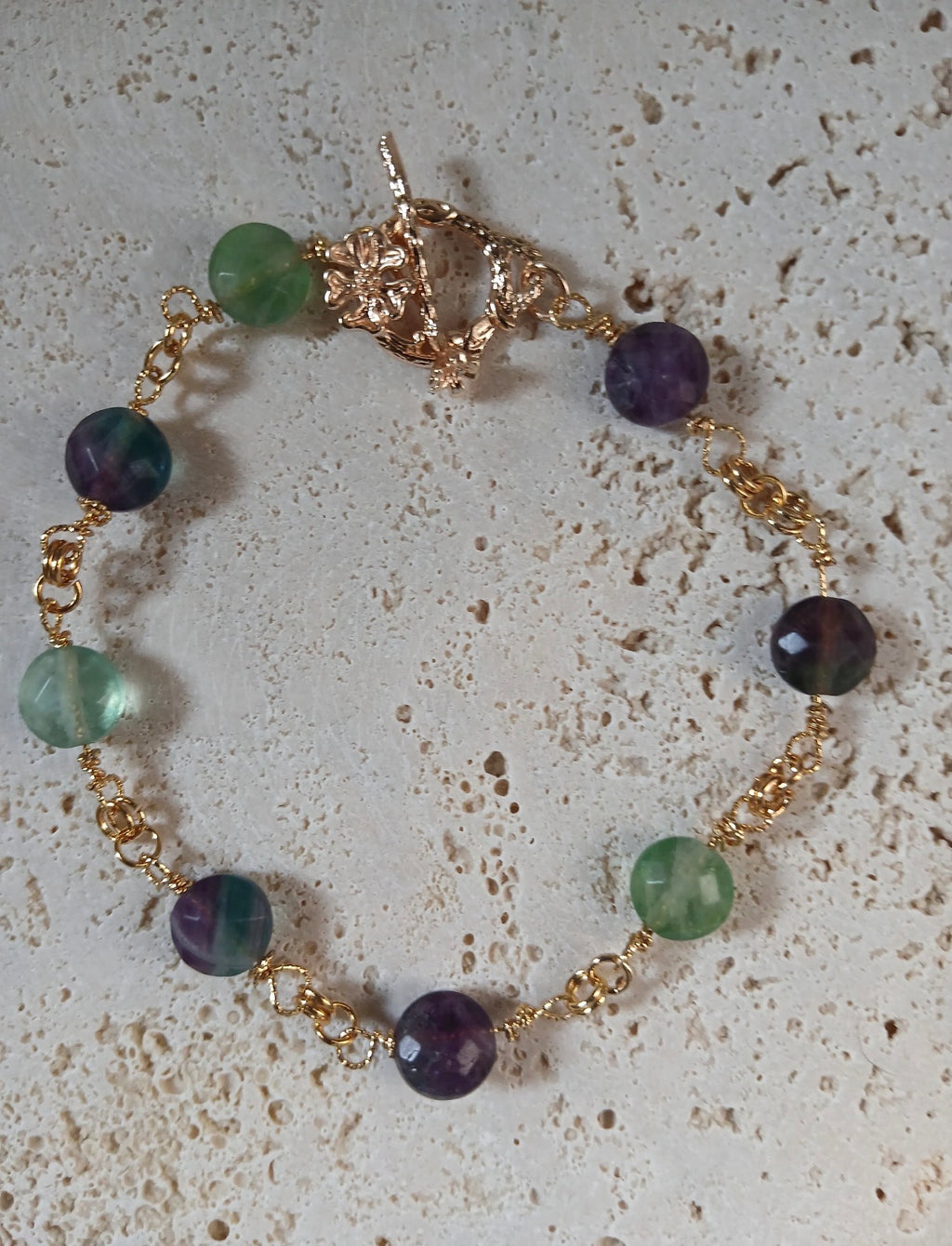 Natural Fluorite Faceted Stone Bracelet with 14k Gold Plated Finishings
