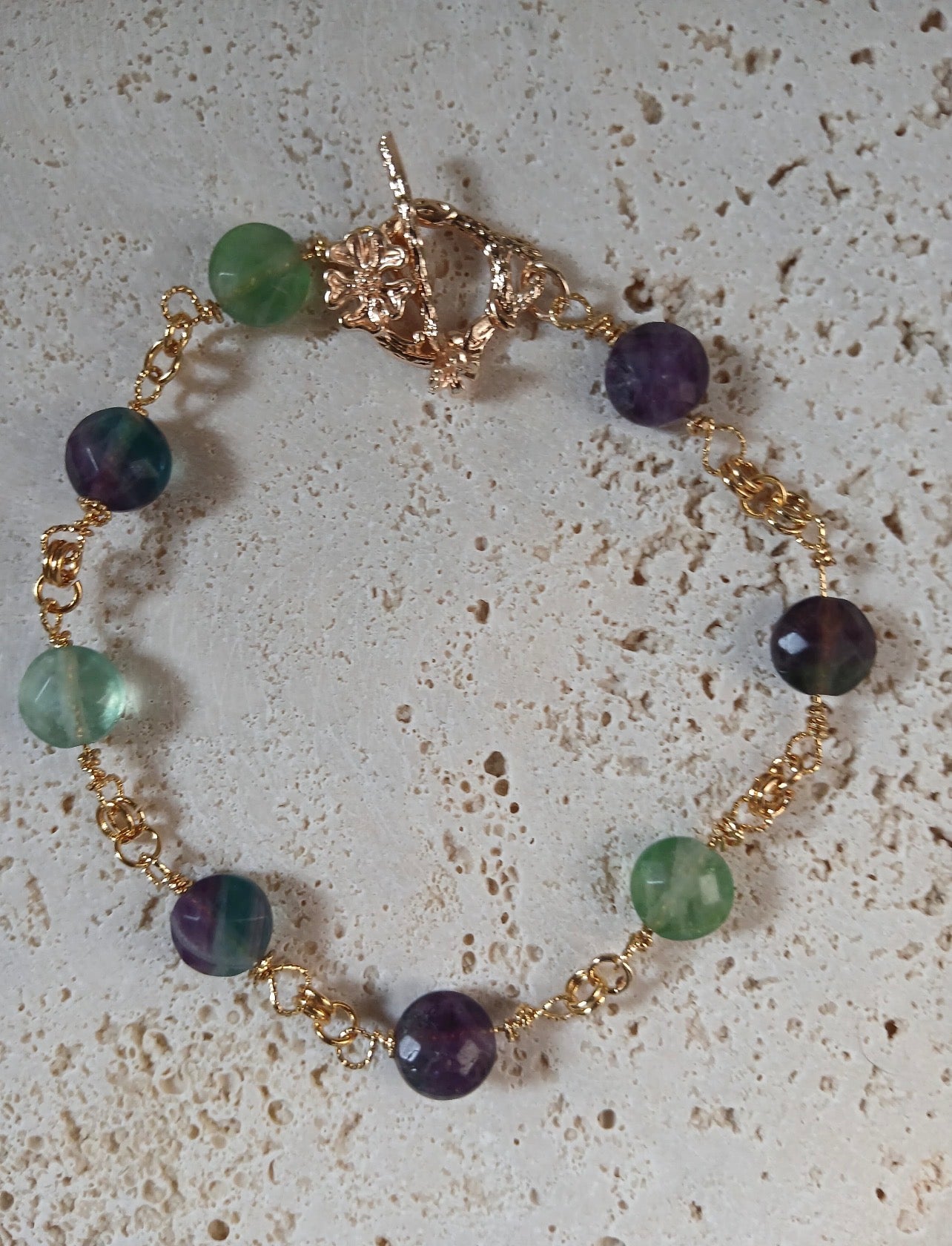 Natural Fluorite Faceted Stone Bracelet with 14k Gold Plated Finishings