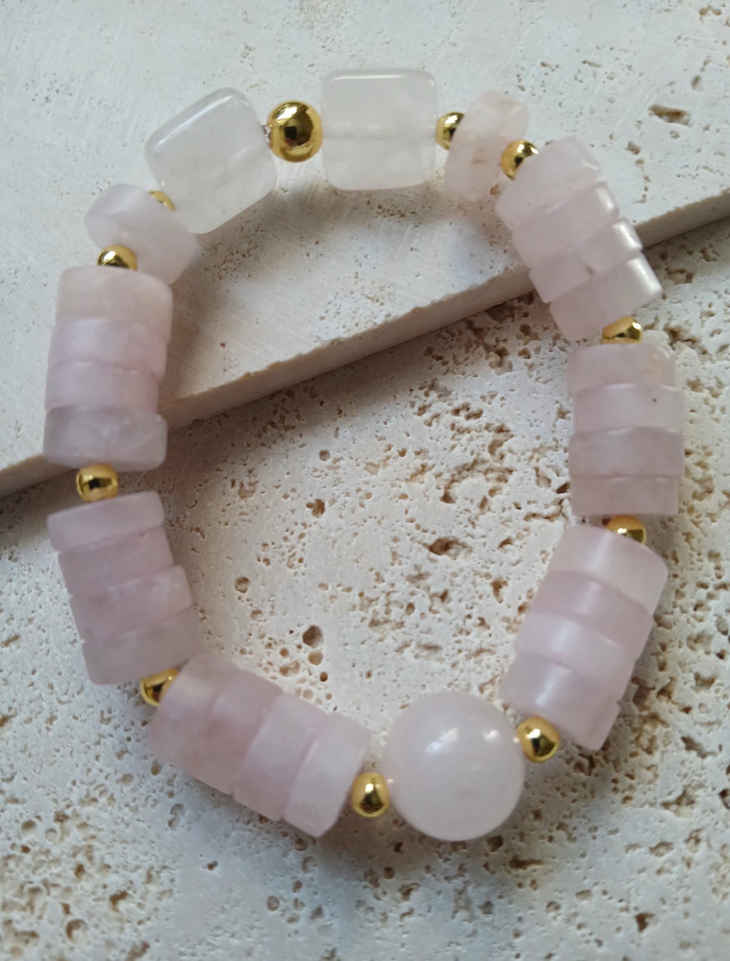 Rose Quartz Stretch Bracelet with 14k Gold Plated Finishings