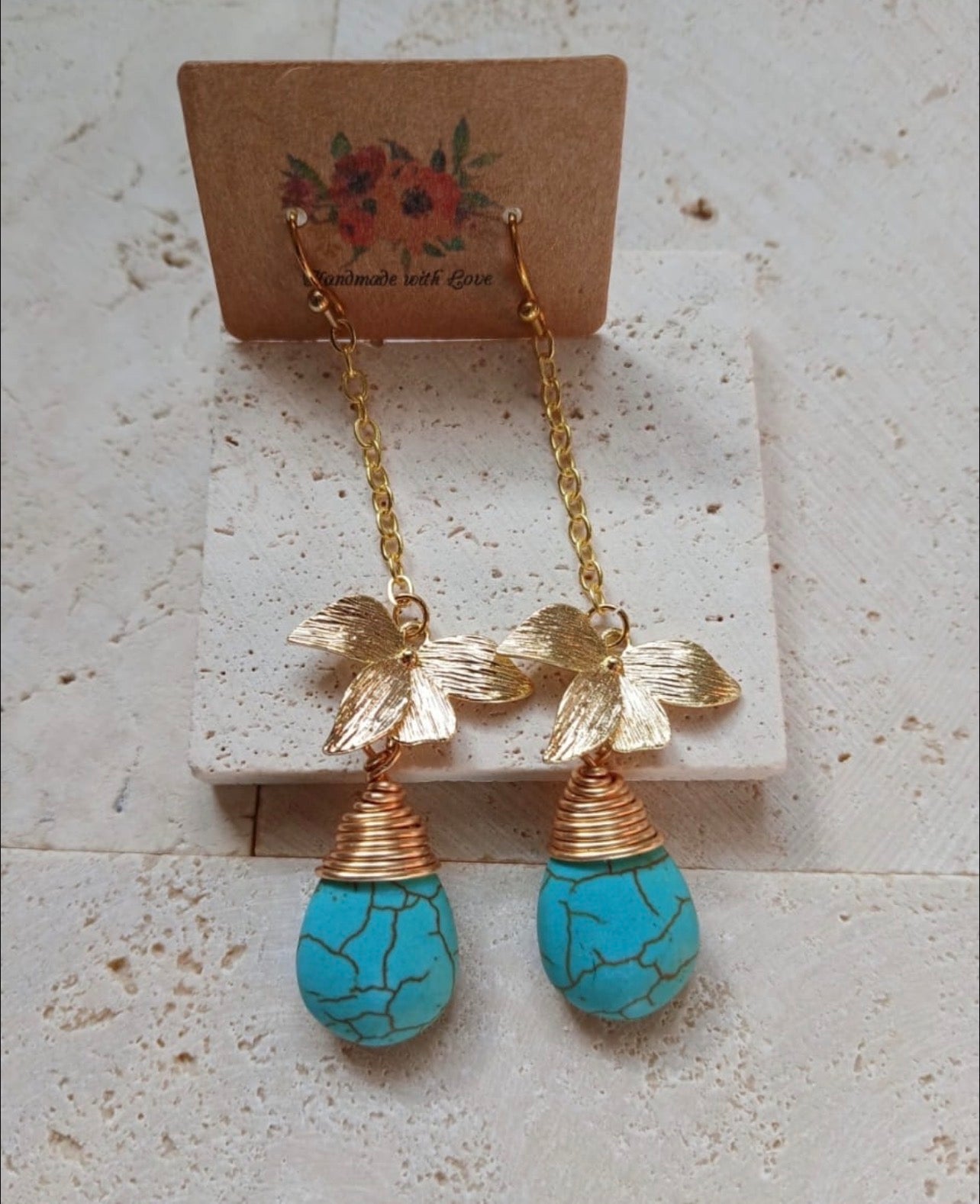 14k Gold Plated Earrings with Natural Turquoise Stone