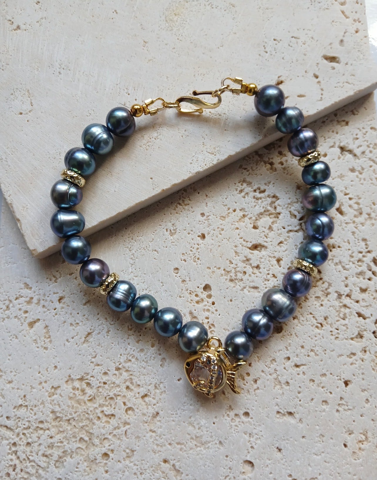 Natural Pearl Bracelet with Fish Charm and Zirconia Accents, 14k Gold Plated Finishings