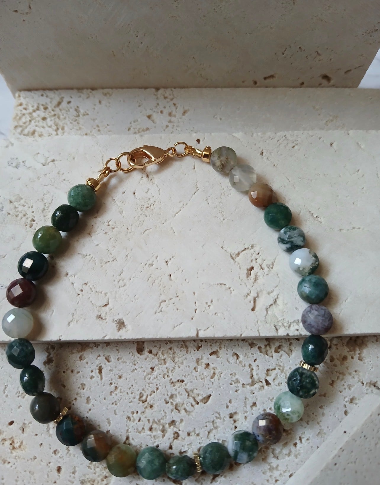 Handmade Natural Faceted Jasper Stone Bracelet with 18k Gold Plated Clasp