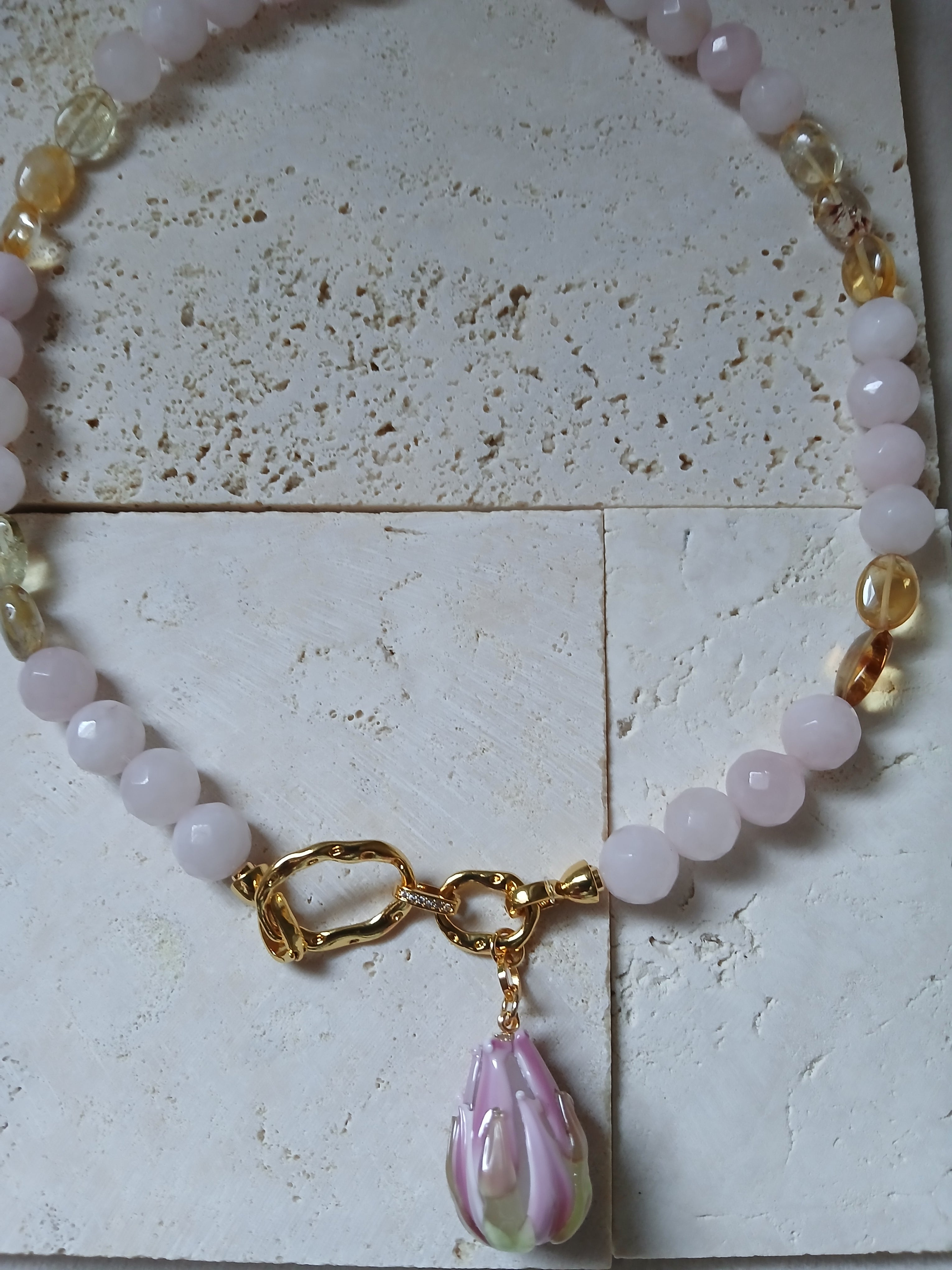 "Botanical Elegance": Rose Quartz, Citrine and Murano Glass