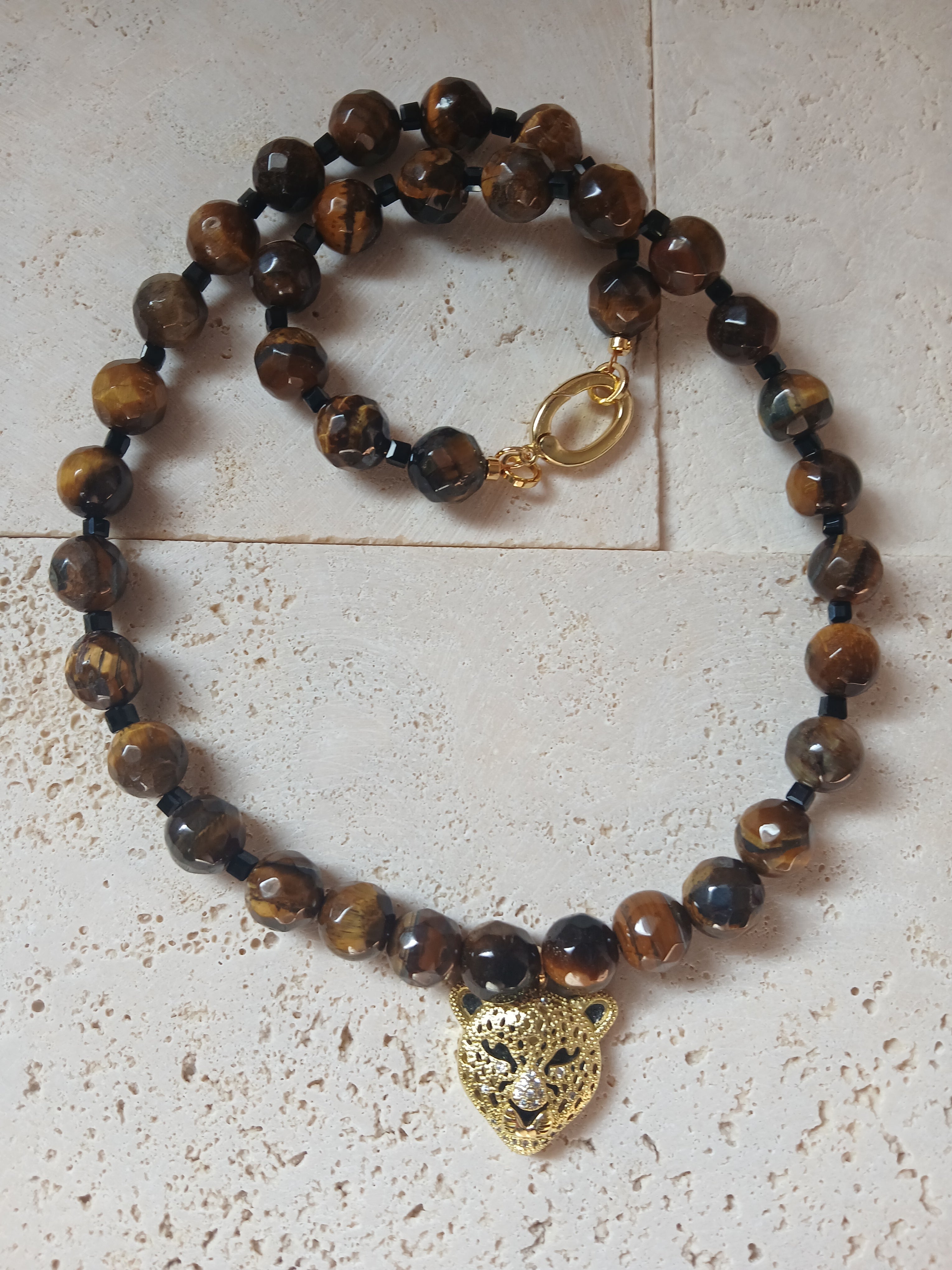 Tiger's Eye Necklace with Leopard Pendant