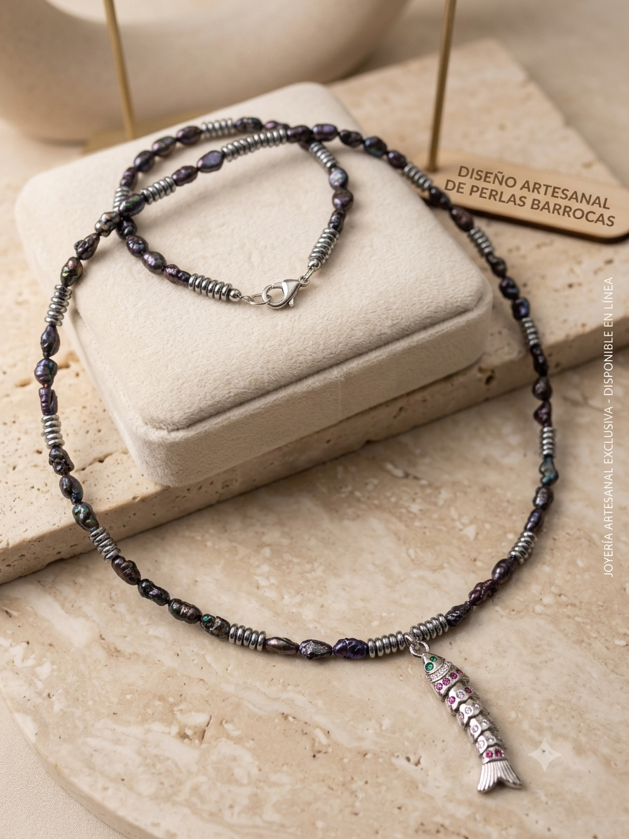 Gem-Adorned Fish & Freshwater Pearl Necklace – Elaine Designs