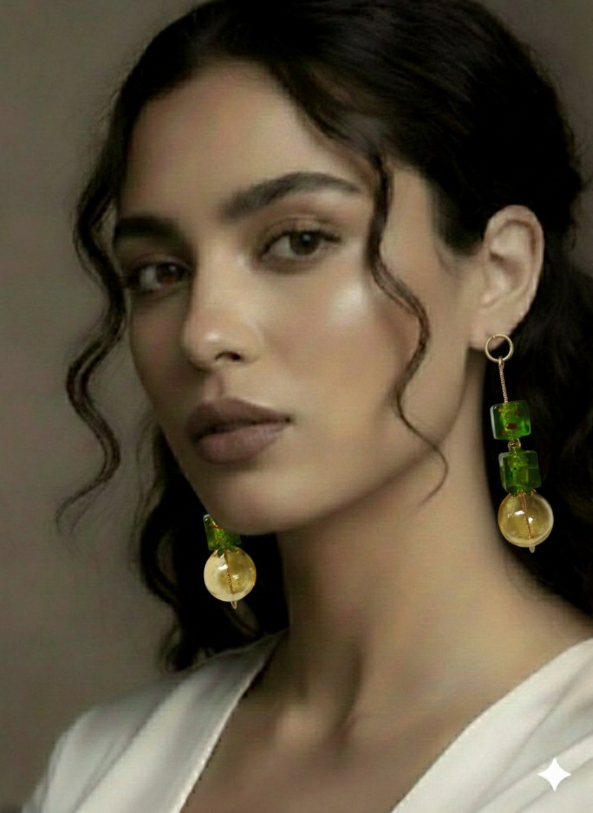 Artistic Murano Glass Earrings – Green and Amber Duality